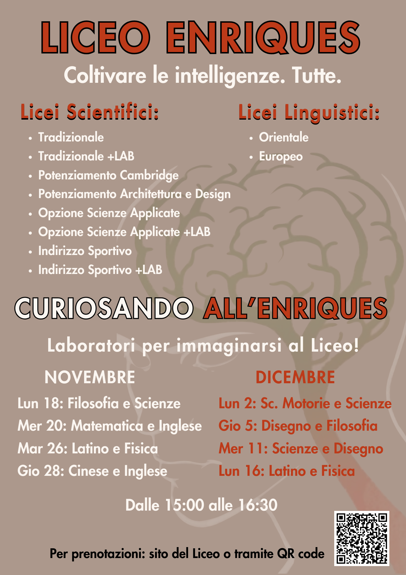 immagine contenente elenco degli indirizzi di studio del liceo e le date dei laboratori curiosando